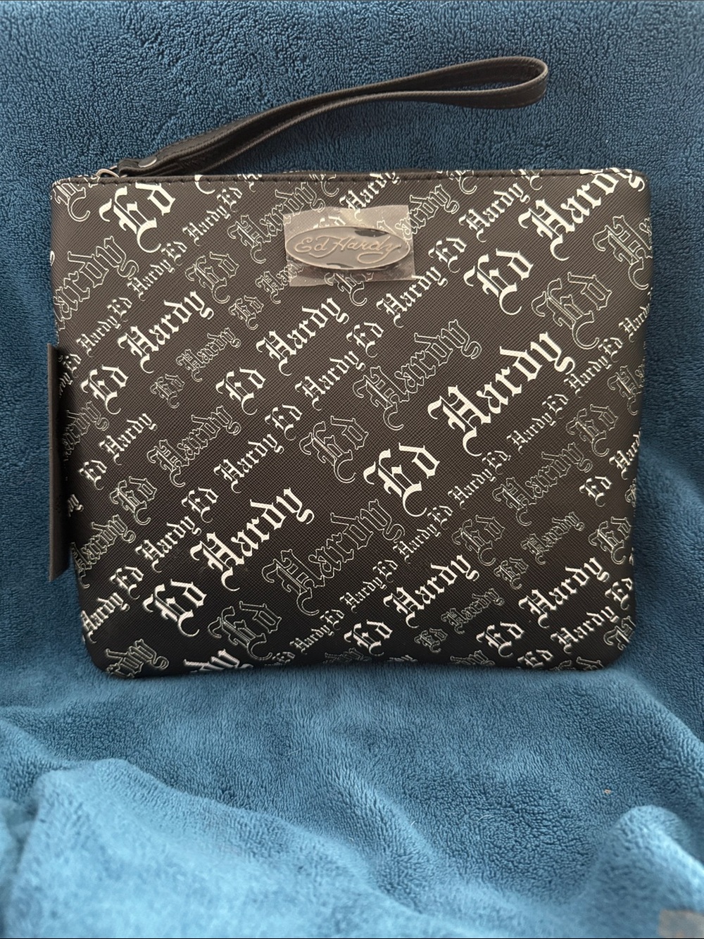 Ed Hardy Black Script Logo Wristlet Pouch